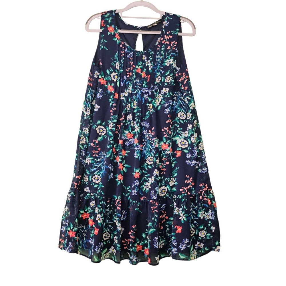 Rose & Olive Dress‎ Medium Navy Floral Sleeveless Tiered Hem Keyhole Back Boho